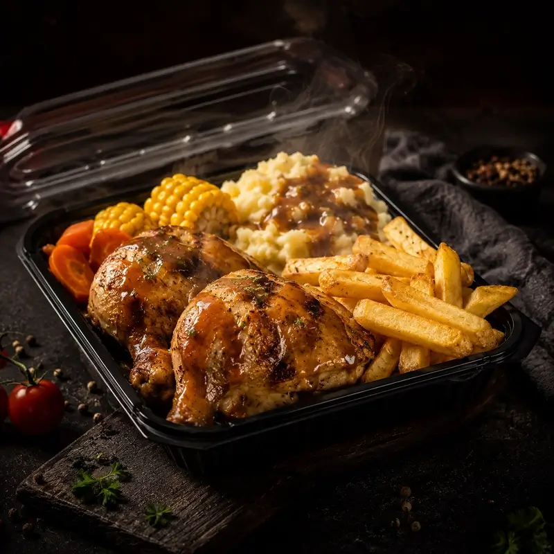 Hot chicken pack with chips, vegetables, mash and gravy at Magill BBQ Chickens
